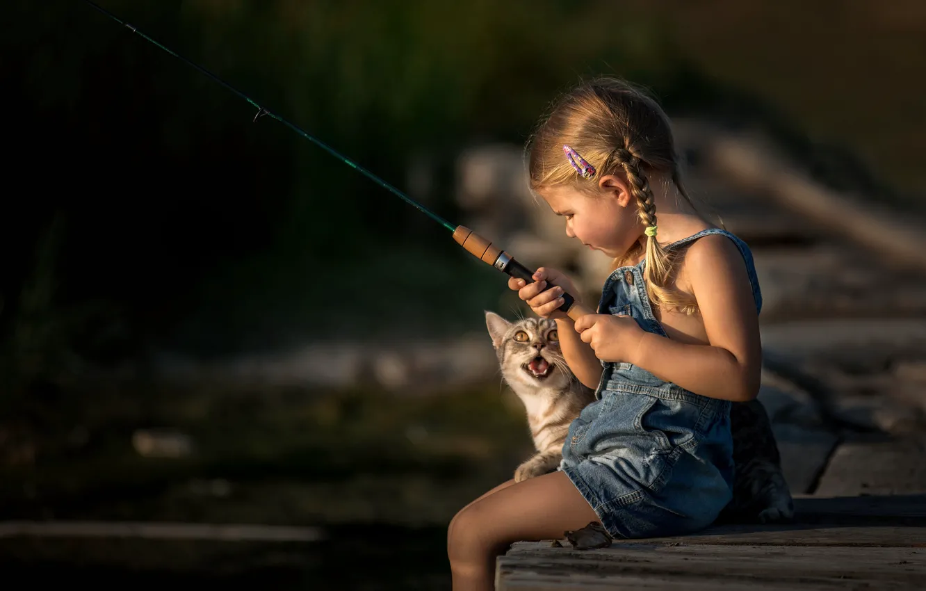 Photo wallpaper cat, fishing, girl
