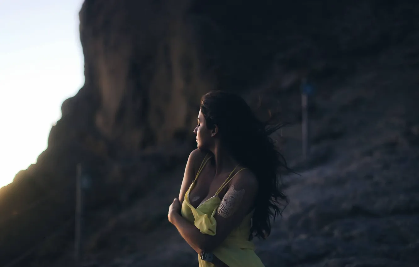 Photo wallpaper girl, sunset, figure, dress, brunette, mood, Aurela Skandaj