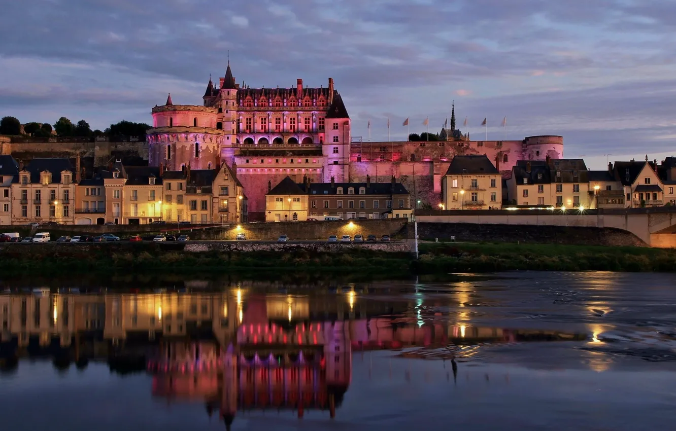 Photo wallpaper the city, river, castle, France, building, the evening, lighting, backlight