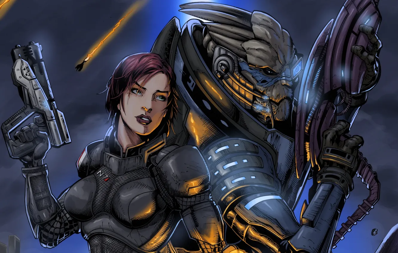 Photo wallpaper girl, fiction, alien, mass effect, shepard, art, garrus vakarian, turian