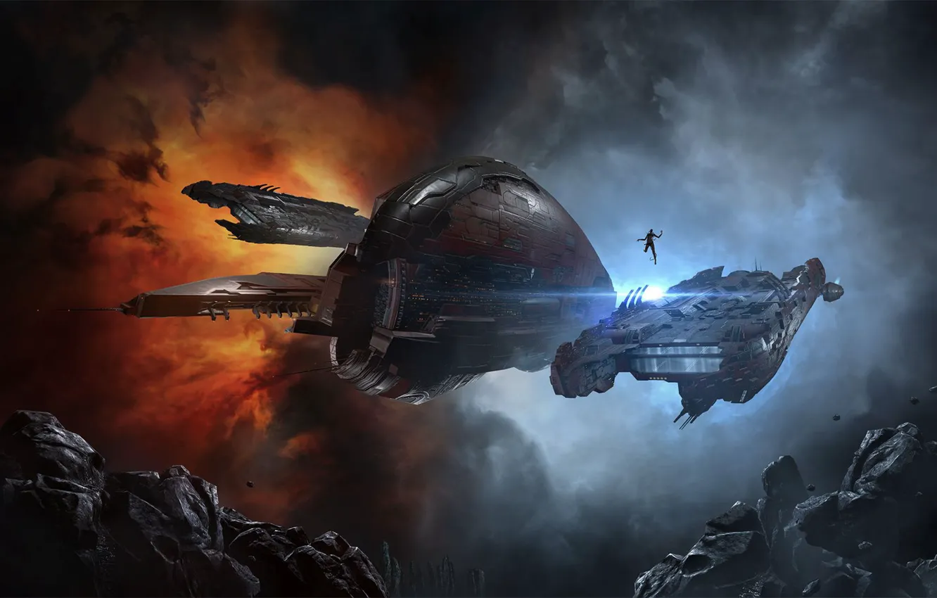 Photo wallpaper nebula, people, asteroids, Space, space, battle, the corpse, spaceship