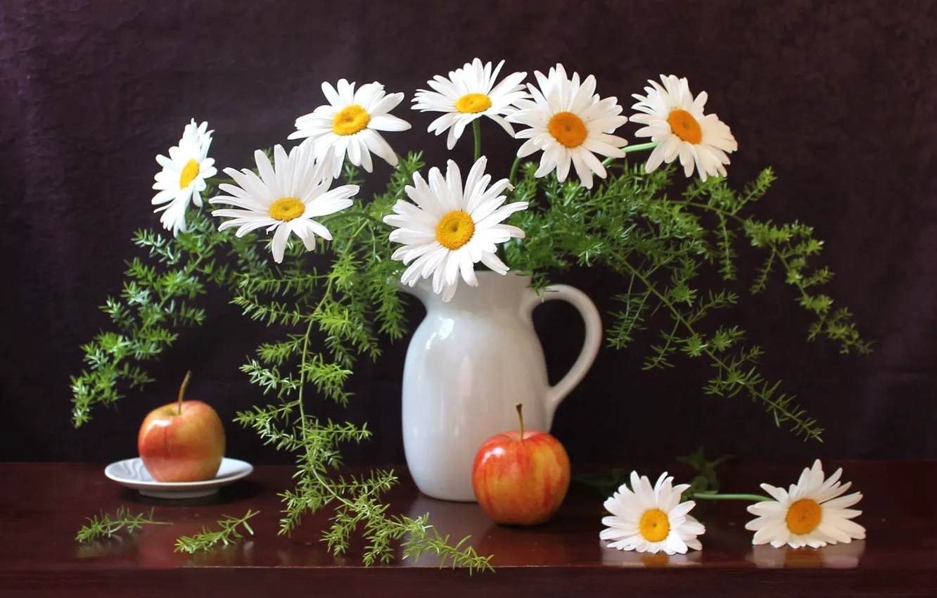 Photo wallpaper greens, table, apples, chamomile, plate, pitcher