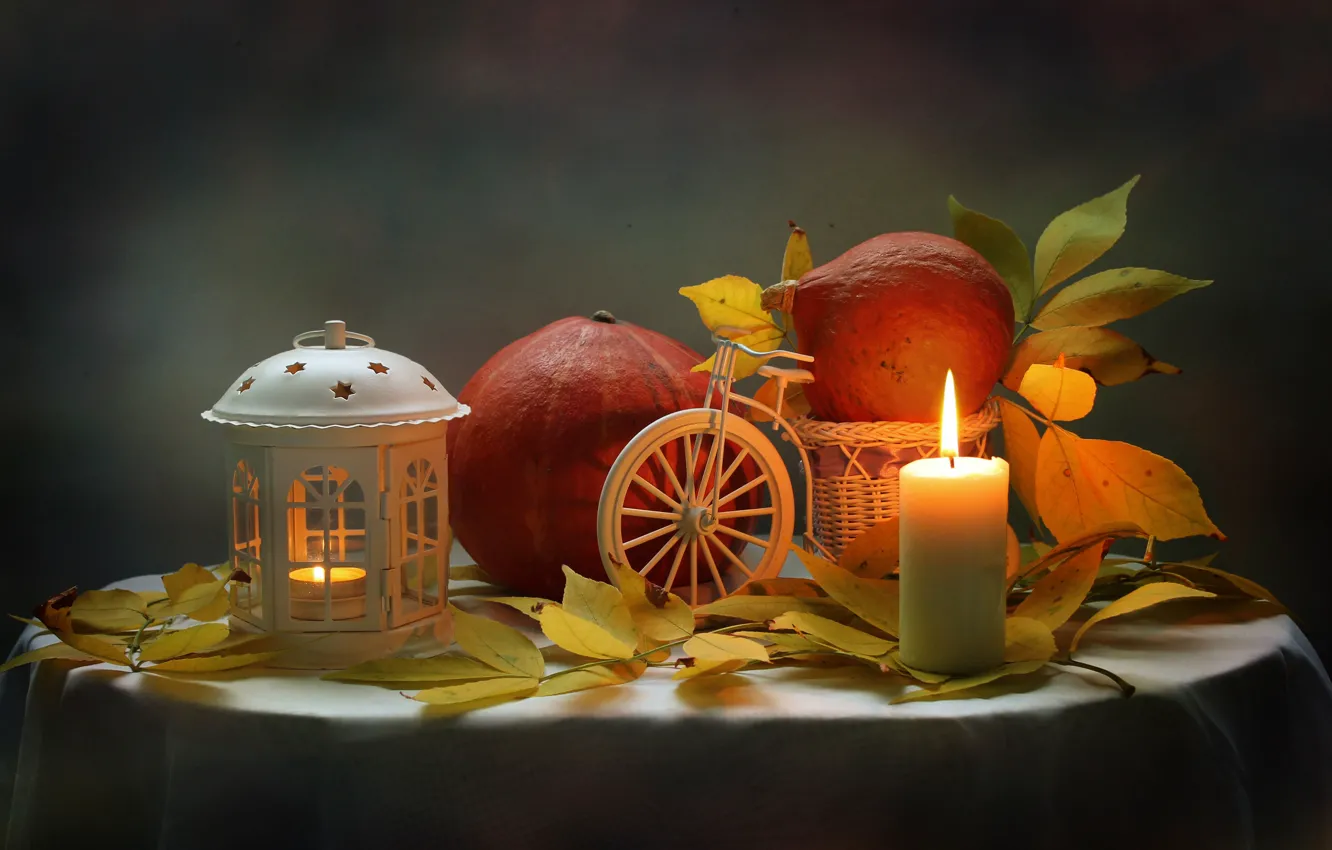 Photo wallpaper autumn, leaves, candle, flashlight, pumpkin, still life