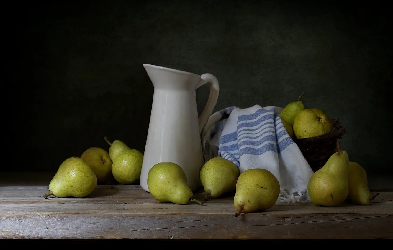 Photo wallpaper green, table, Board, towel, pitcher, fruit, still life, pear