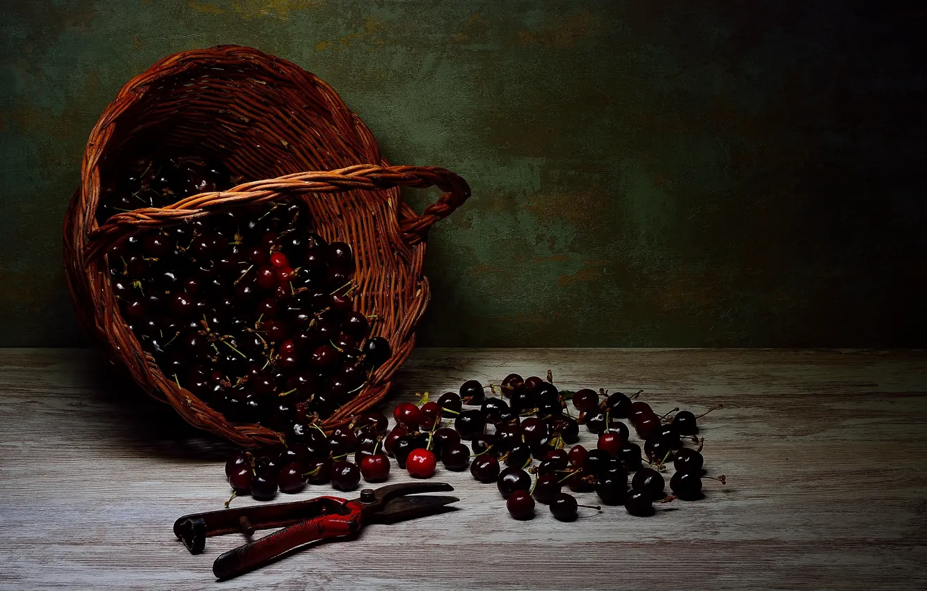 Photo wallpaper cherry, berries, the dark background, table, still life, placer, basket, cherry