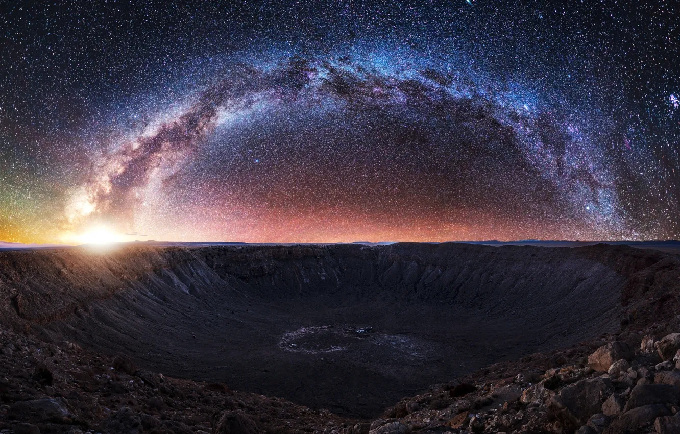 Photo wallpaper the sky, stars, night, stones, crater, the milky way