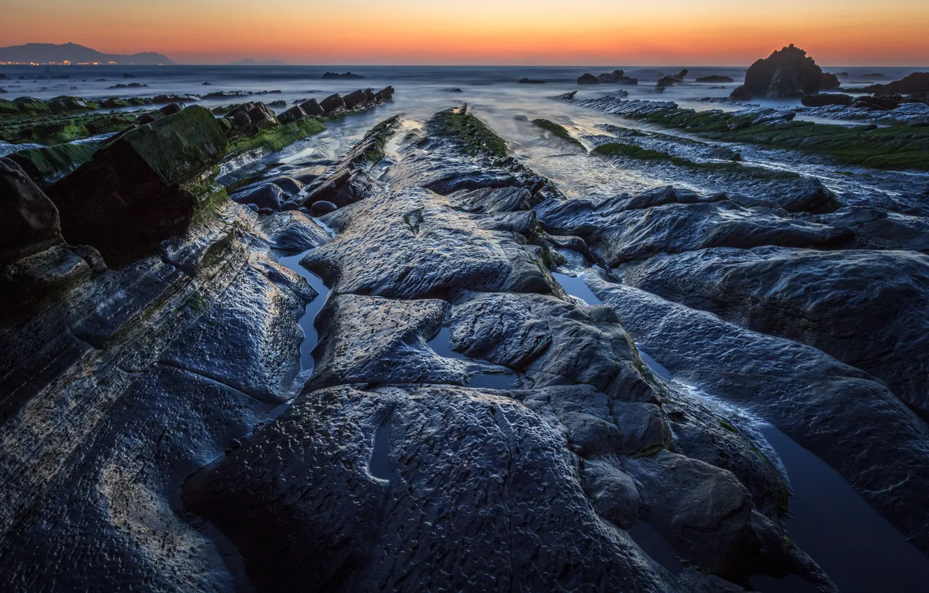 Photo wallpaper sea, the sky, rocks, tide, glow