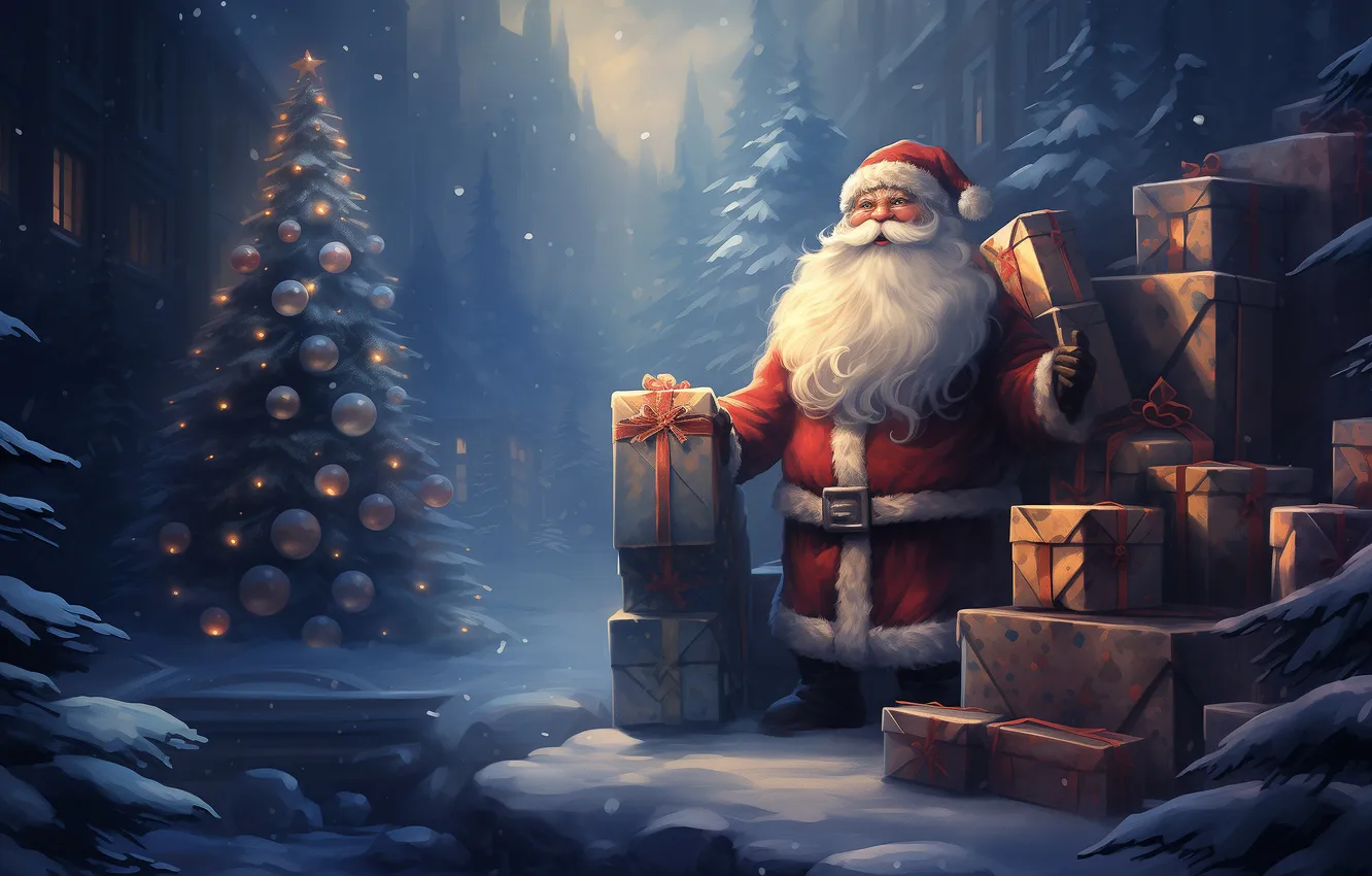 Photo wallpaper winter, snow, gift, tree, new year, the evening, Christmas, Santa Claus