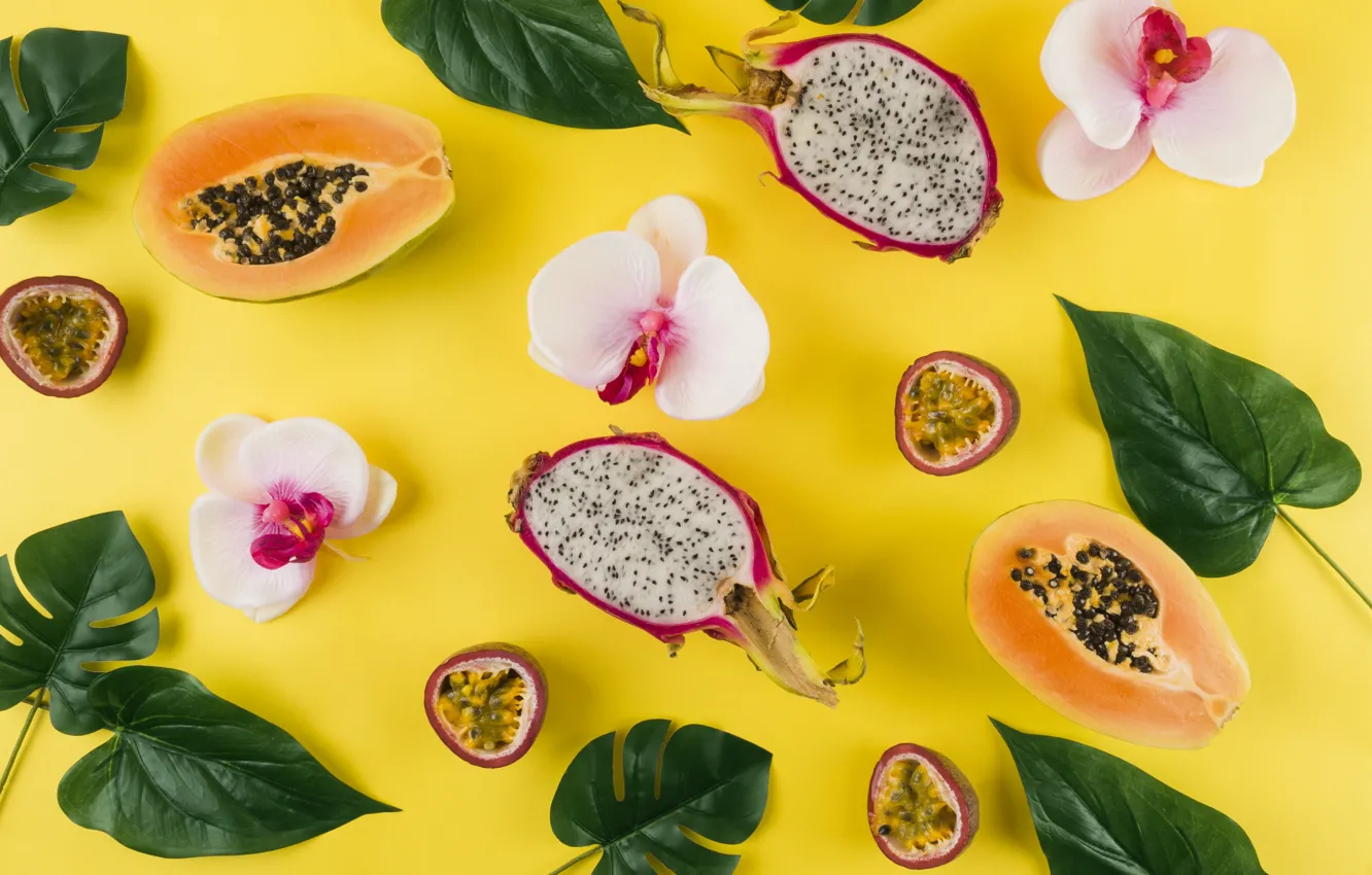 Photo wallpaper Orchid, papaya, pitaya, exotic fruits