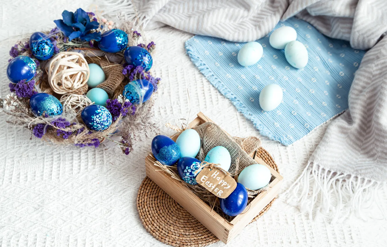 Photo wallpaper blue, napkin, eggs, holiday, table, fabric, box, towel