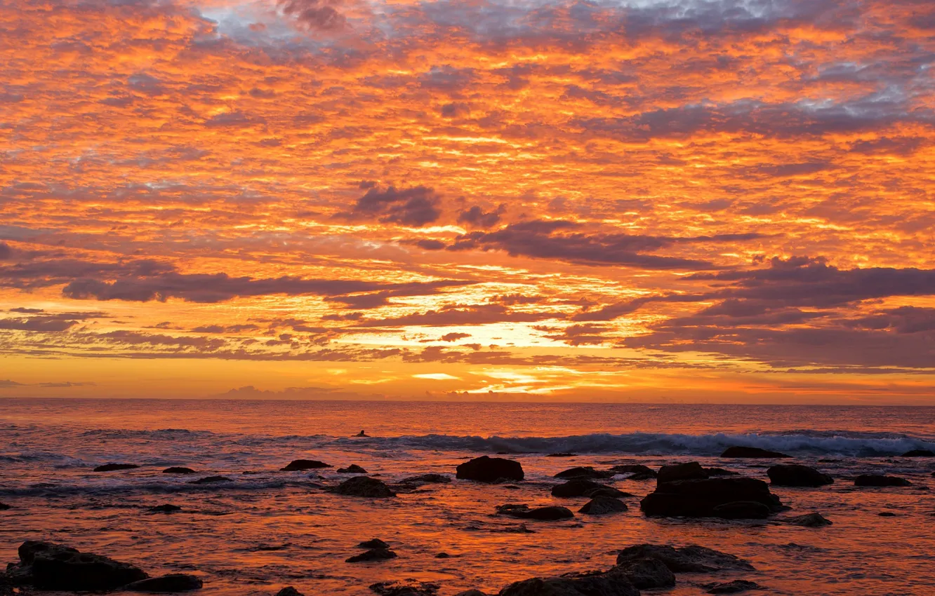 Photo wallpaper beach, twilight, sea, ocean, sunset, seascape, clouds, rocks