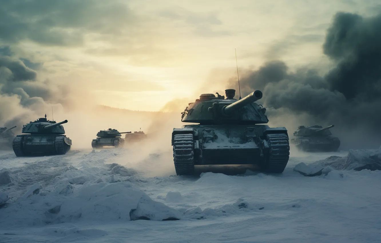 Photo wallpaper winter, snow, dawn, smoke, tank, front, digital art, AI art