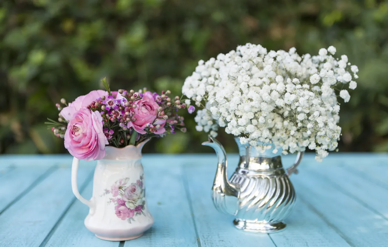 Photo wallpaper flowers, bouquet, pitcher, Ranunculus, gypsophila