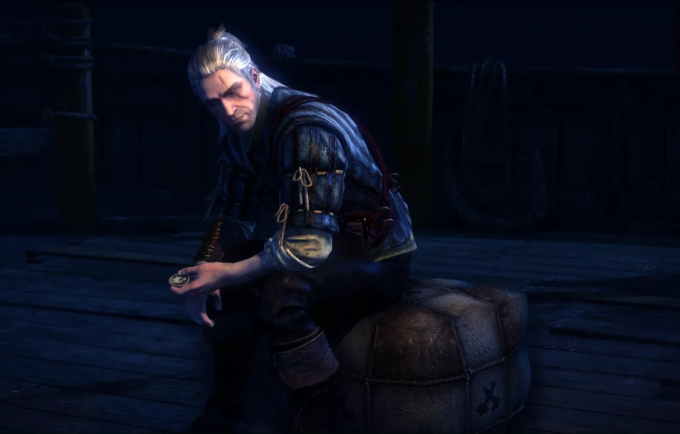 Photo wallpaper the dark background, ship, Geralt, the Witcher 2, Screenshot