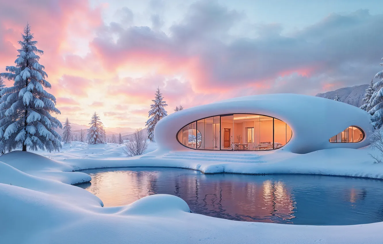 Photo wallpaper winter, snow, landscape, mountains, view, tree, window, house