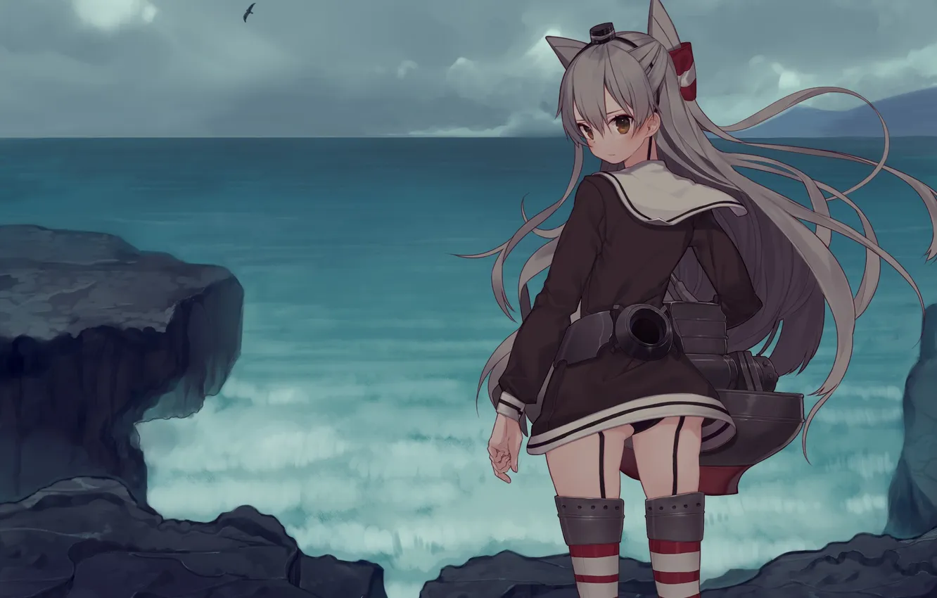 Photo wallpaper the sky, girl, clouds, landscape, the ocean, anime, art, ears