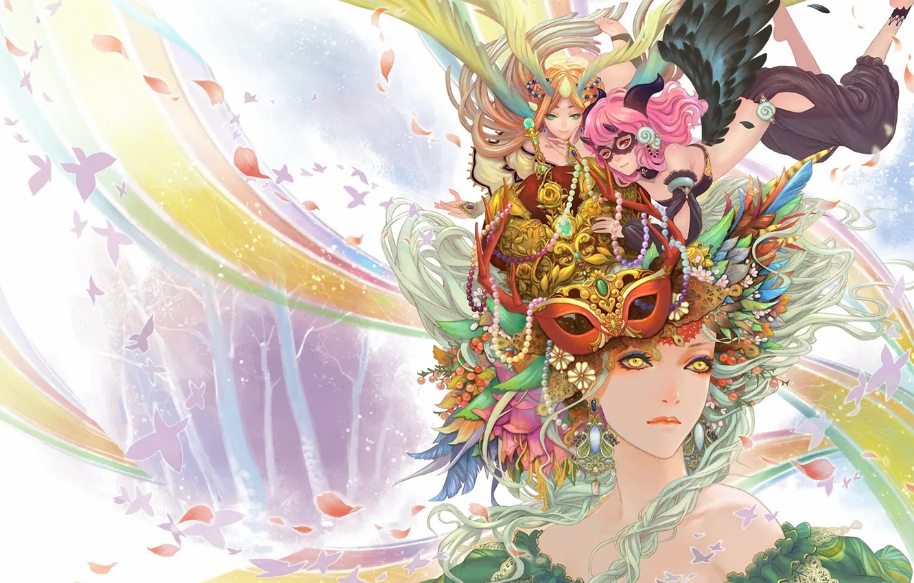 Photo wallpaper girl, flowers, mask, art, teddy