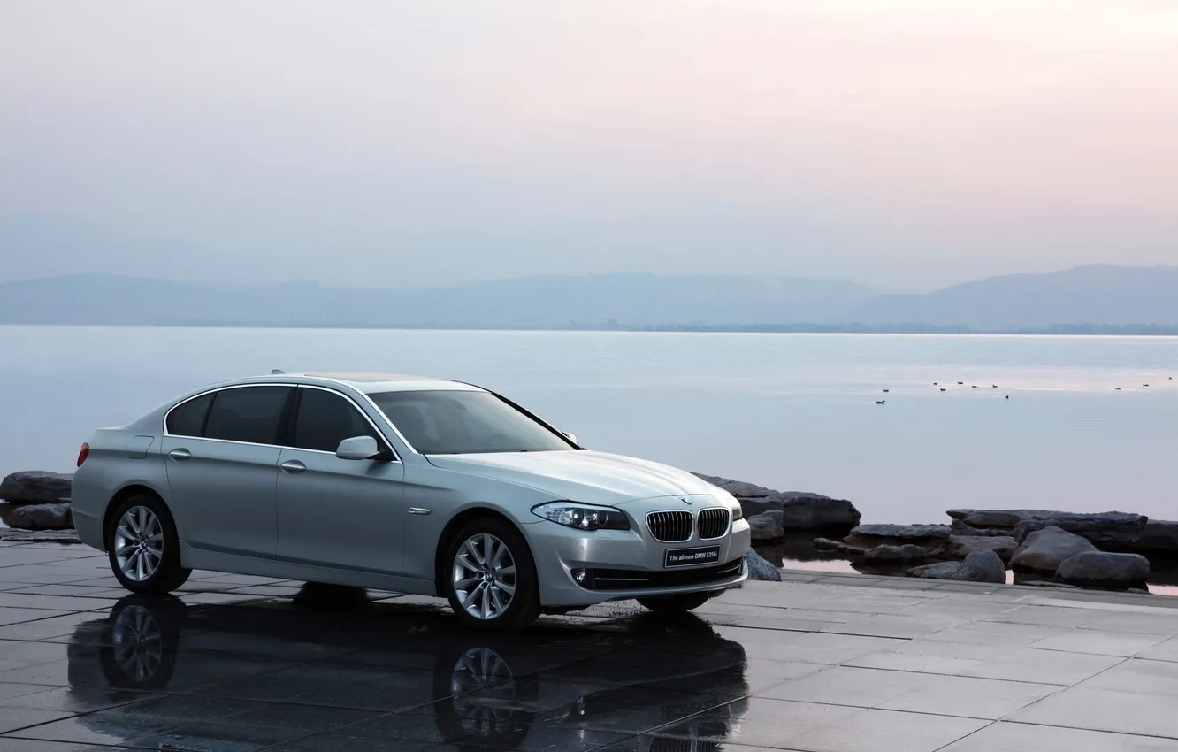 Photo wallpaper the sky, water, lake, grey, BMW, car, side view, 5 Series