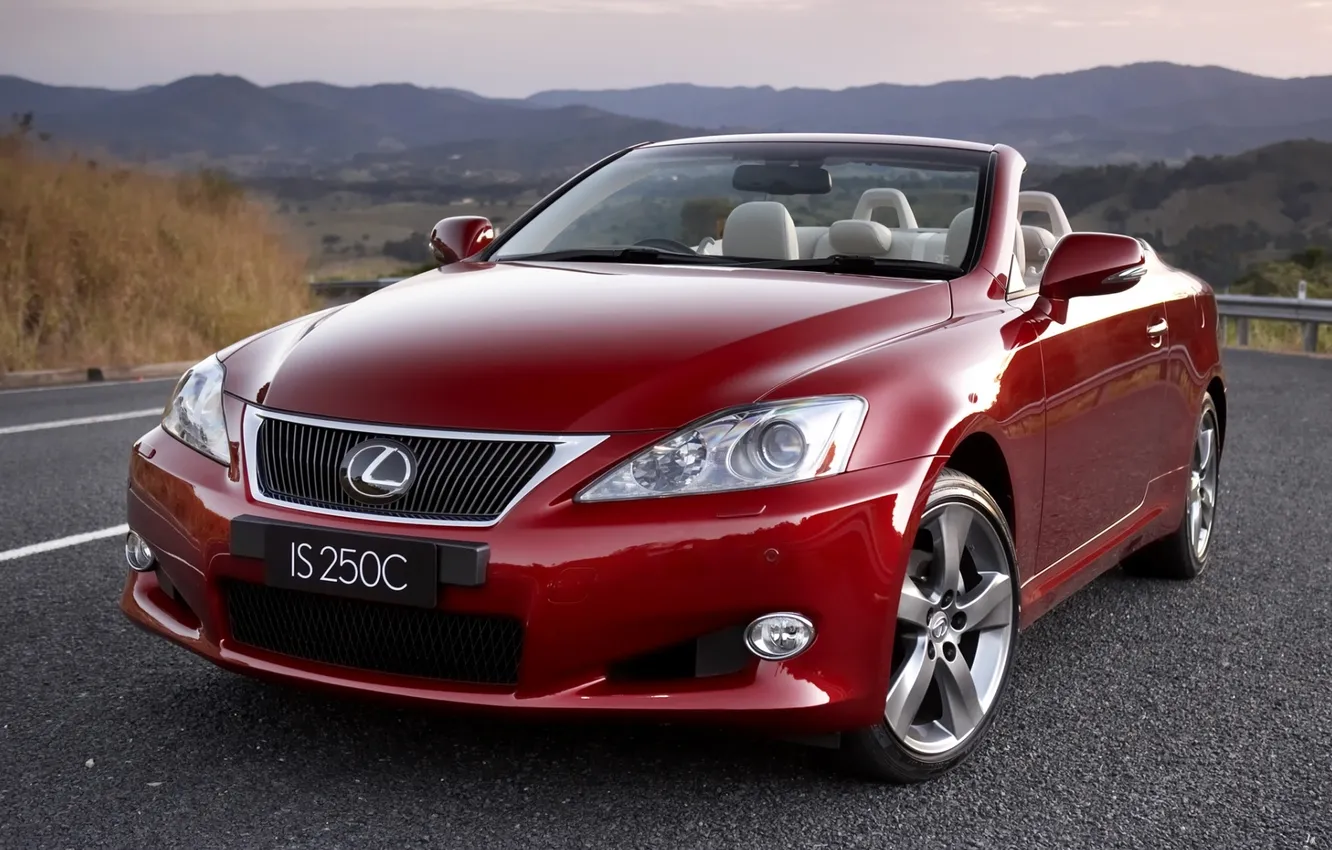 Photo wallpaper road, the sky, mountains, red, Lexus, Lexus, is250c, cabrioletverdeck