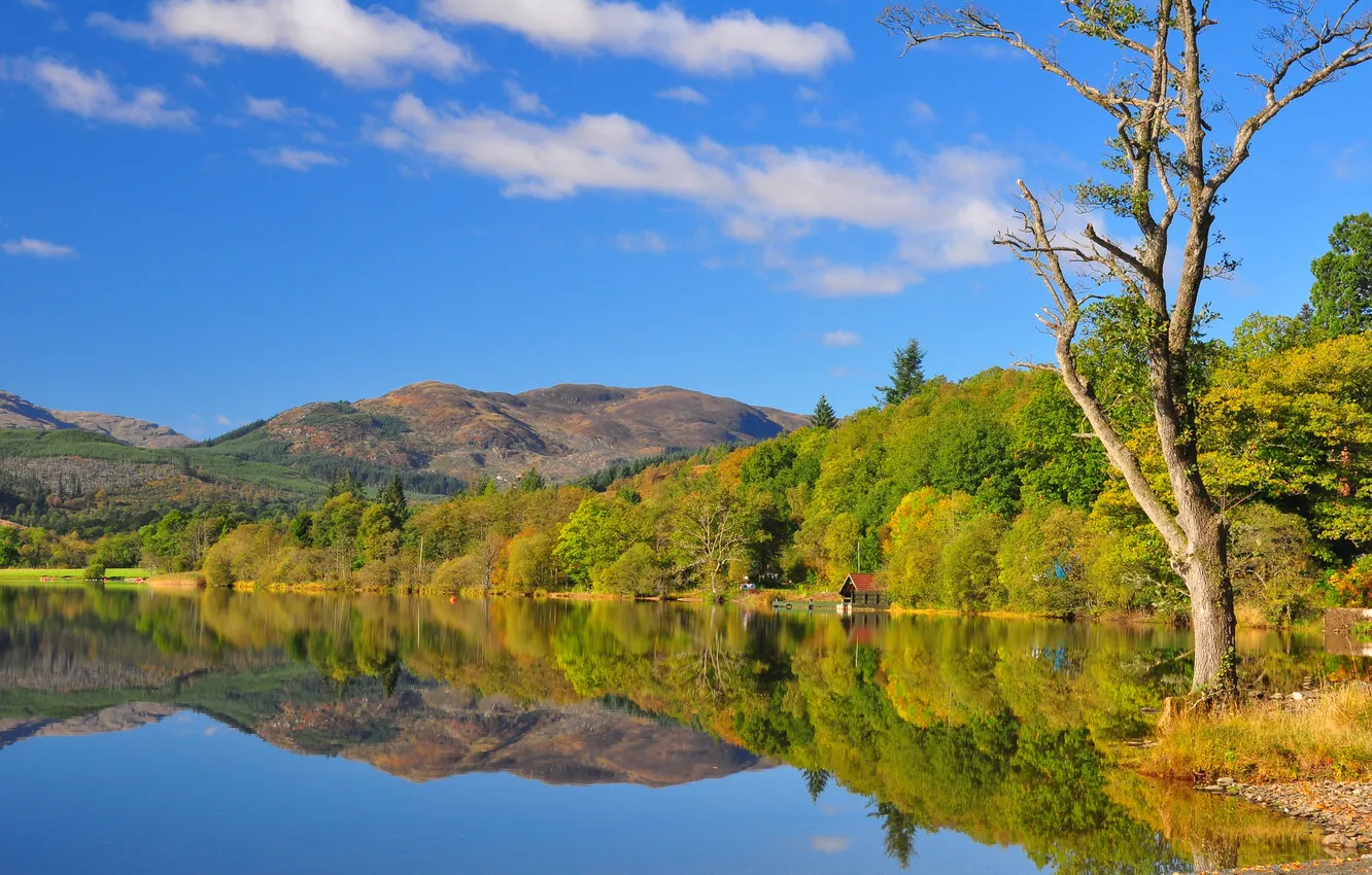 Photo wallpaper autumn, the sky, trees, mountains, lake, house