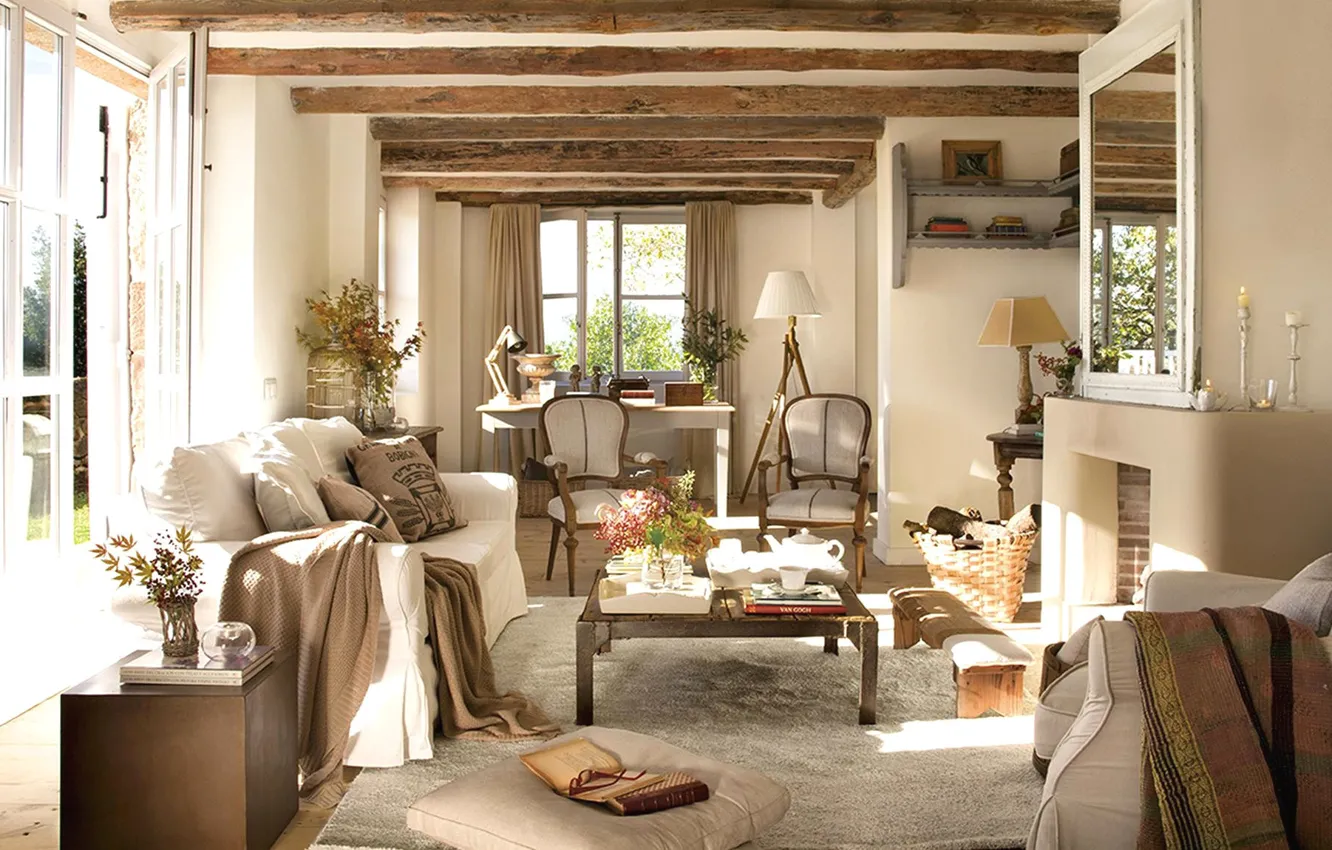 Photo wallpaper design, comfort, style, interior, fireplace, sofa, living room, charme with excellent deco