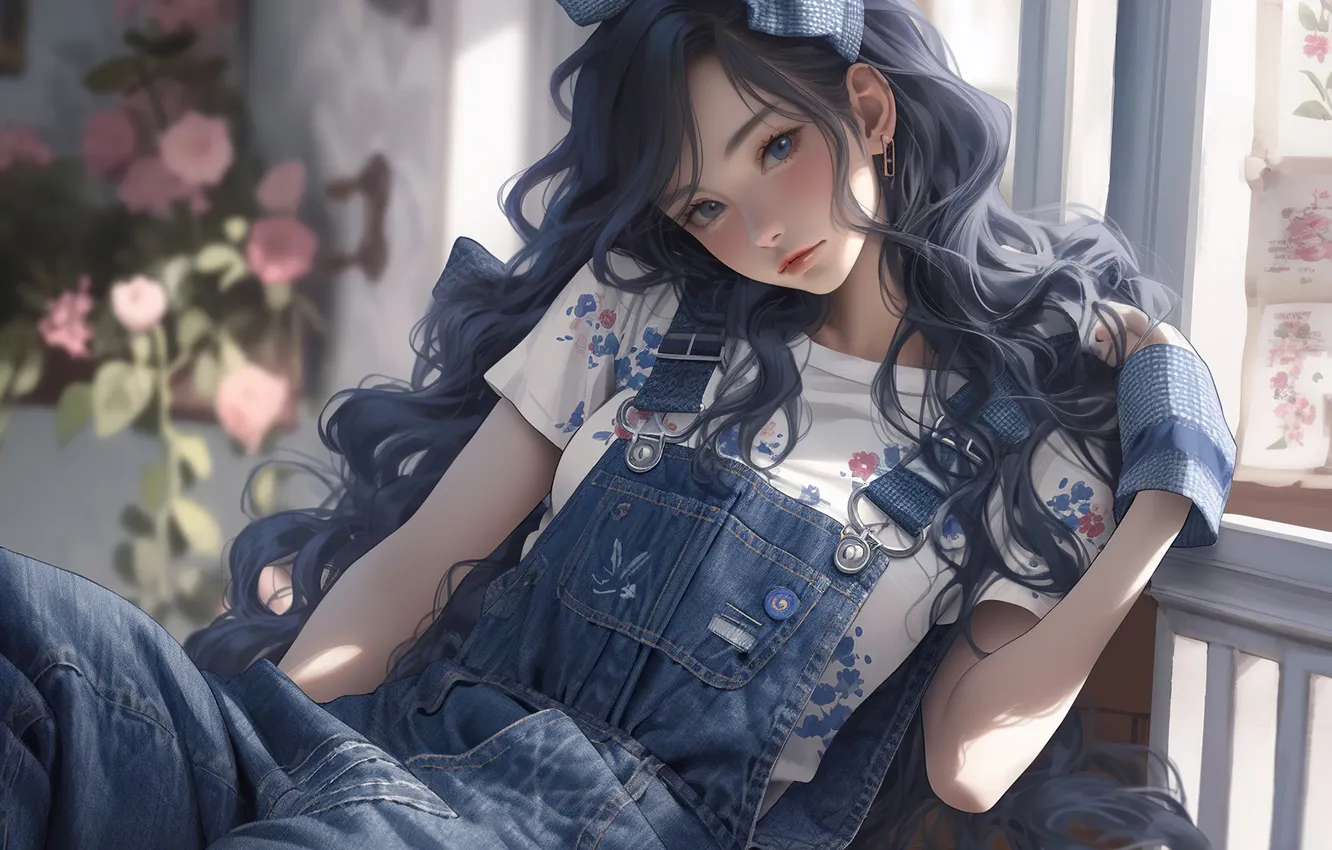 Photo wallpaper girl, long hair, blue eyes, flowers, brunette, t-shirt, anime girls, overalls