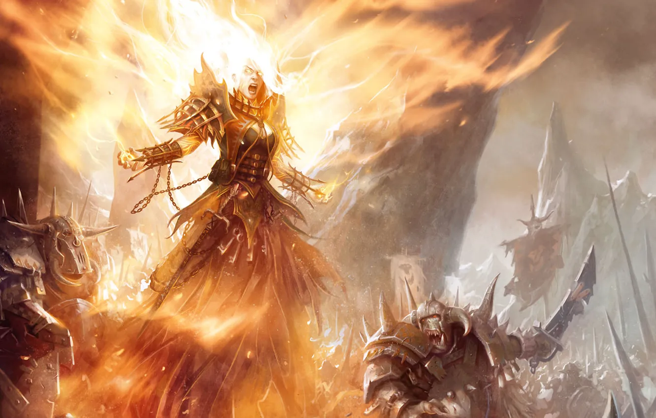 Photo wallpaper rocks, flame, Girl, MAG, battle, orcs