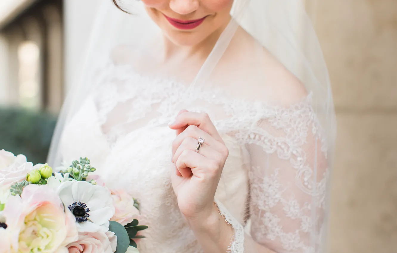 Photo wallpaper girl, bouquet, ring, the bride