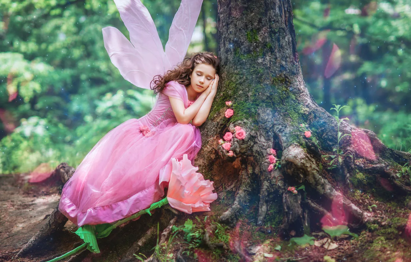Photo wallpaper forest, flowers, tree, sleep, wings, dress, fairy, girl