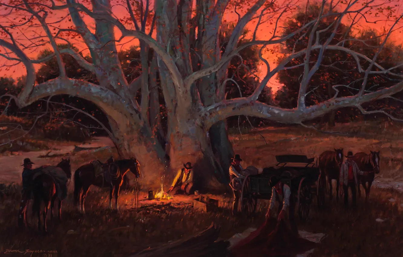 Photo wallpaper trees, horse, picture, the evening, the fire, cowboy, halt, Duane Bryers