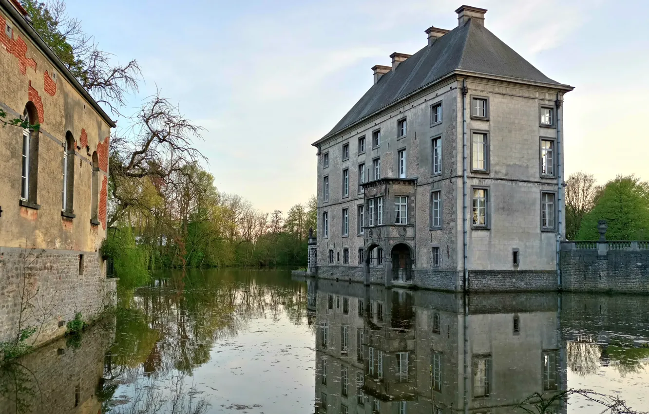 Photo wallpaper Landscape, Style, Europe, Belgium, Castle, Romantic, Lake, Pond