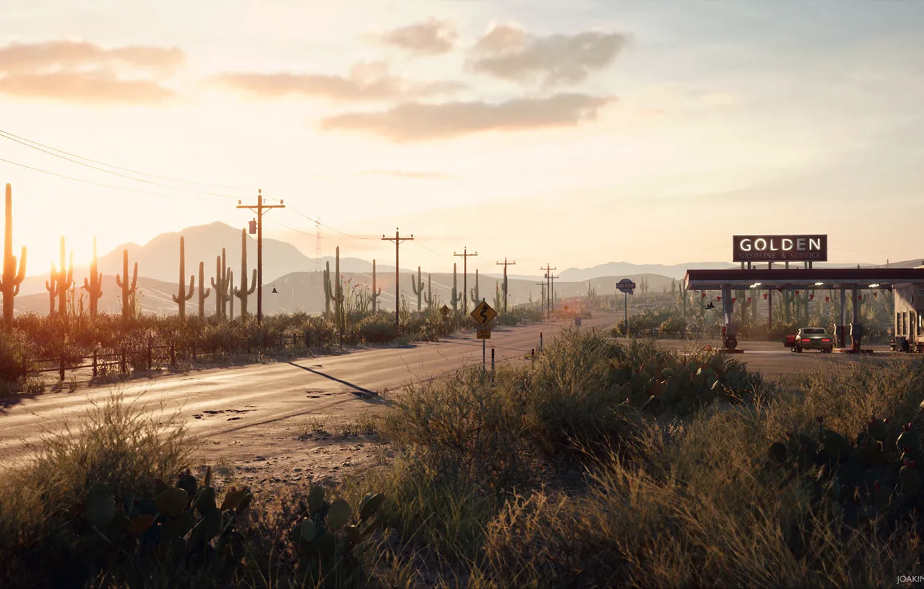 Photo wallpaper station, highway, car, Desert Gas Station, Golden Gasoline