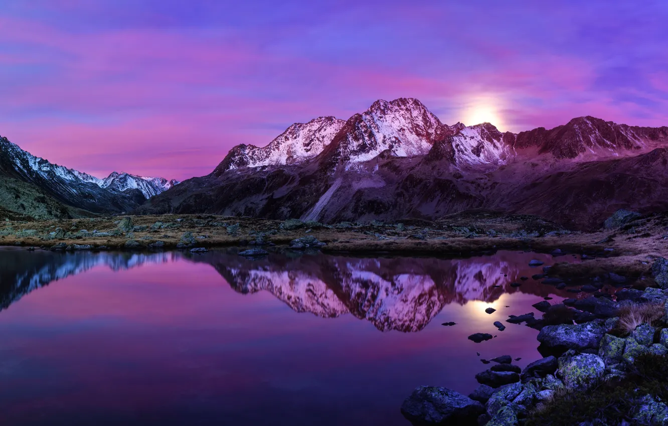 Photo wallpaper purple, the sky, the sun, landscape, sunset, mountains, nature, lake