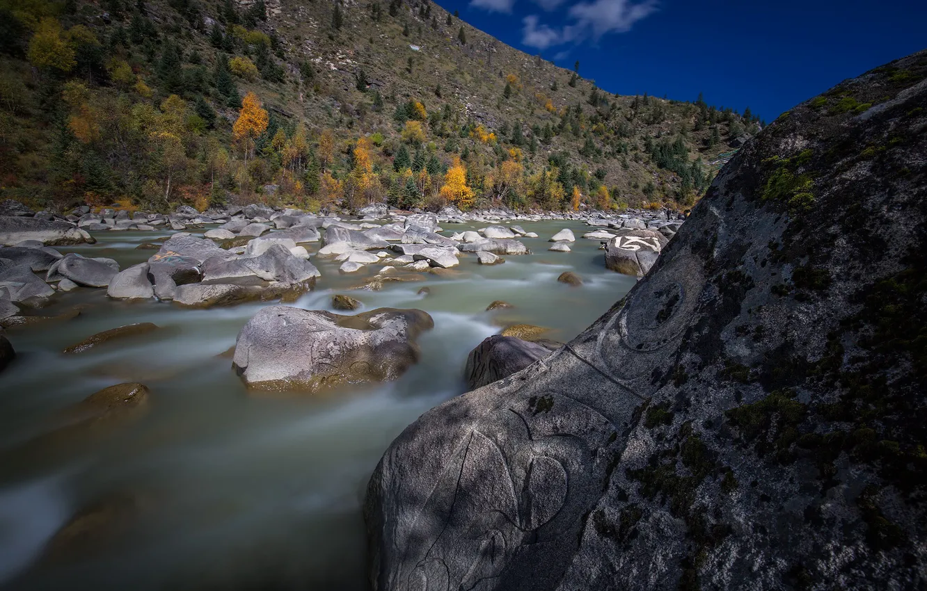 Photo wallpaper autumn, mountains, river, stones, stream