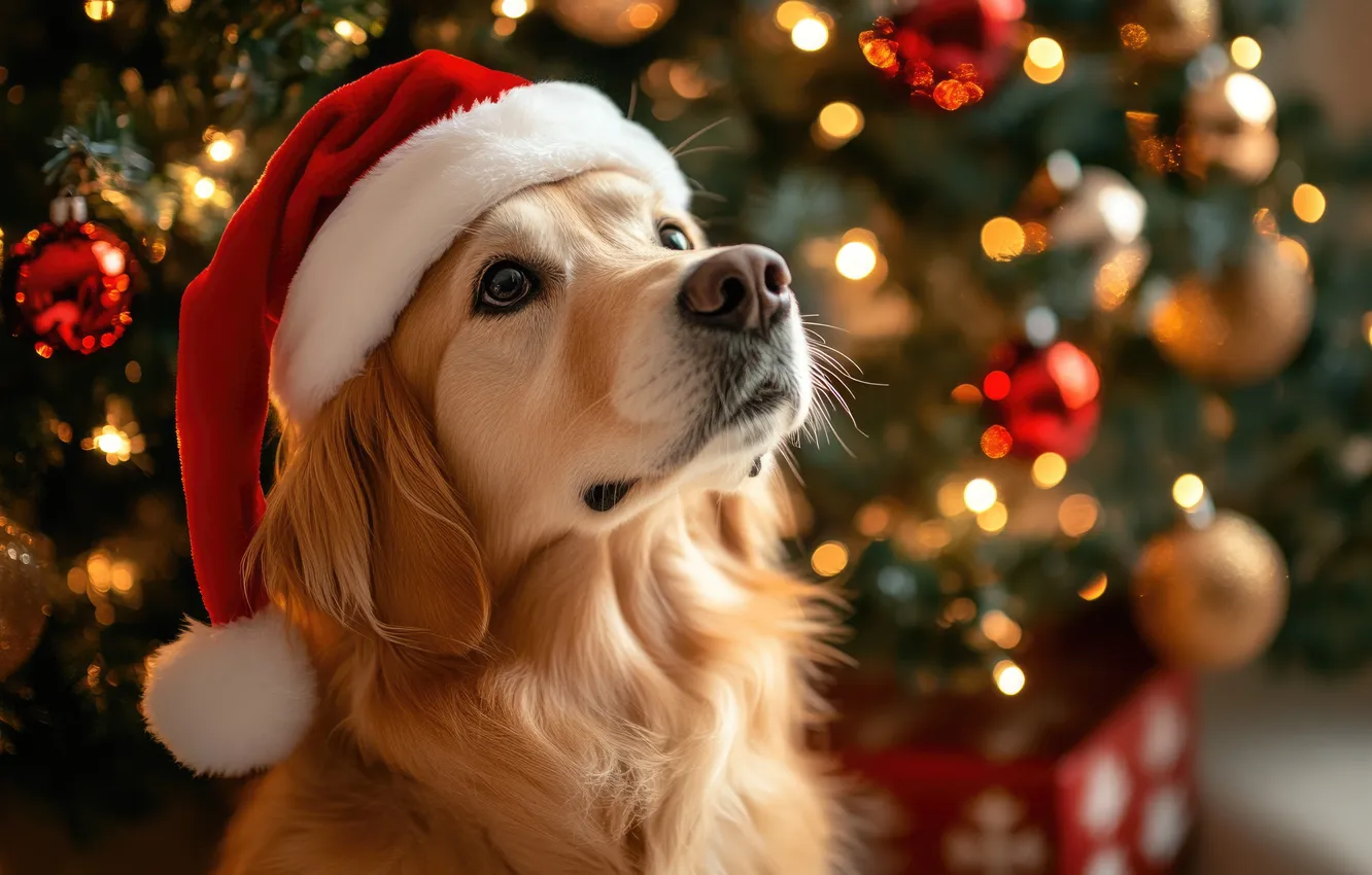 Photo wallpaper look, lights, room, new year, portrait, dog, Christmas, face