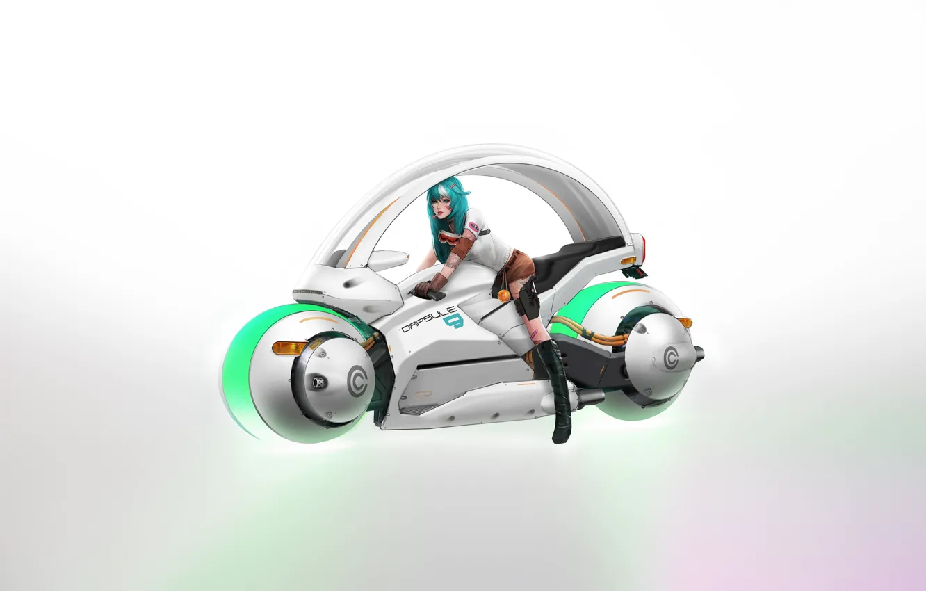 Photo wallpaper girl, fiction, figure, minimalism, girl, biker, bike, bike