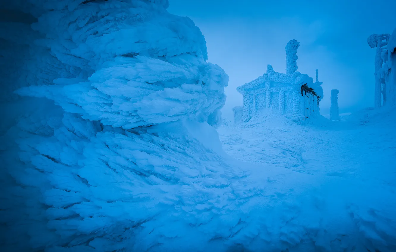 Photo wallpaper winter, snow, landscape, nature, morning, house, frost, Bulgaria