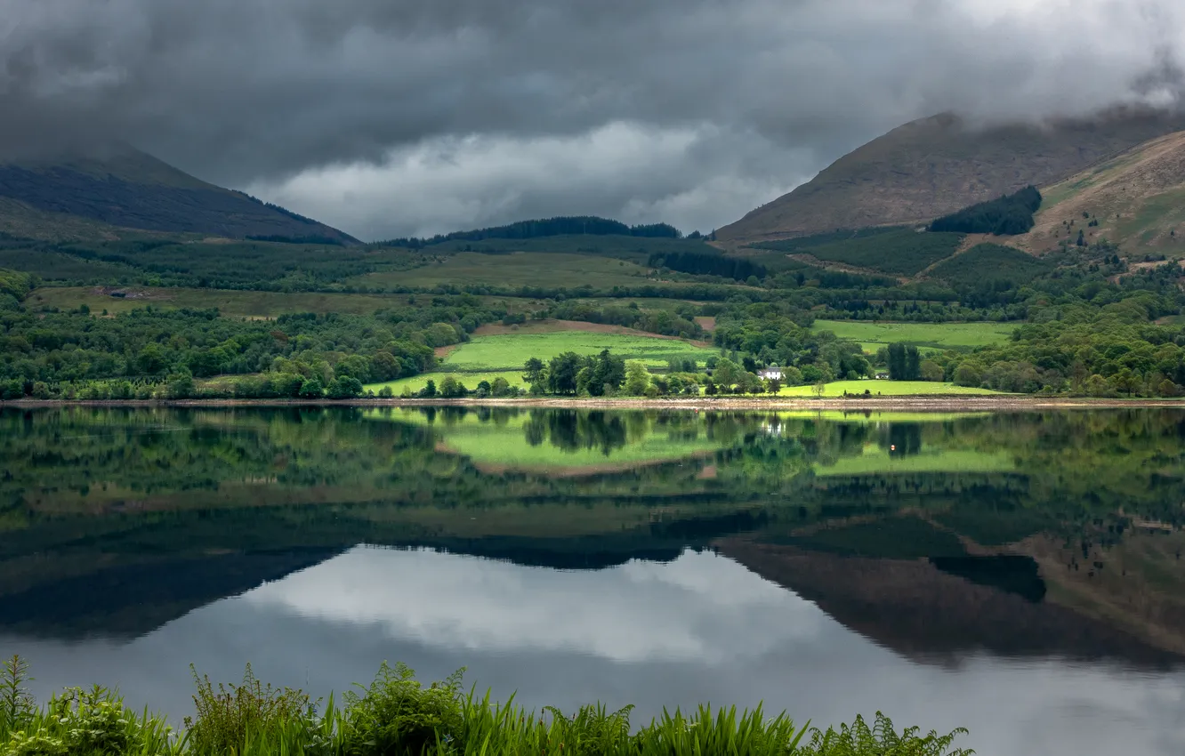 Photo wallpaper mountains, lake, reflection, hills, shore, house, mirror