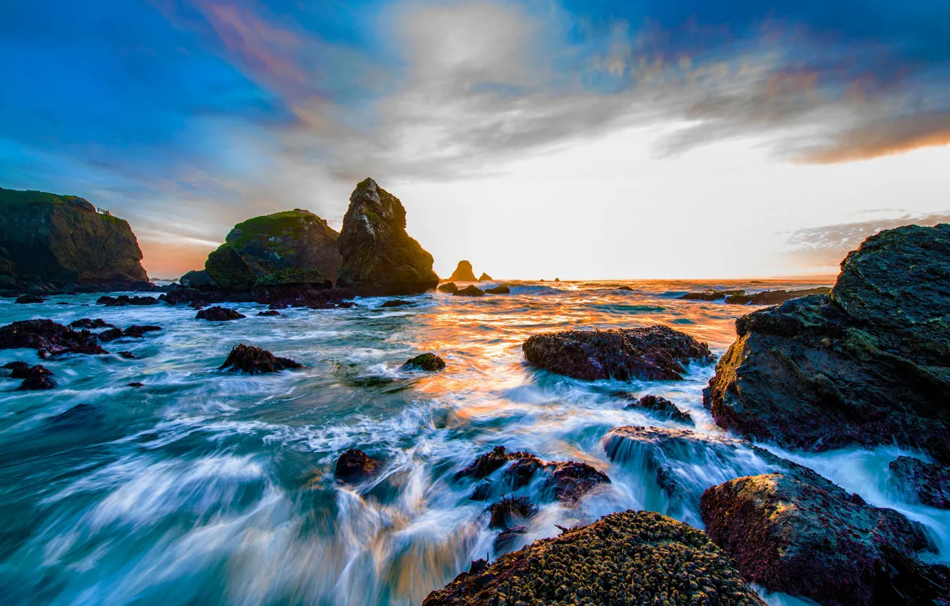 Photo wallpaper sunset, stones, the ocean, rocks, CA, Pacific Ocean, California, The Pacific ocean