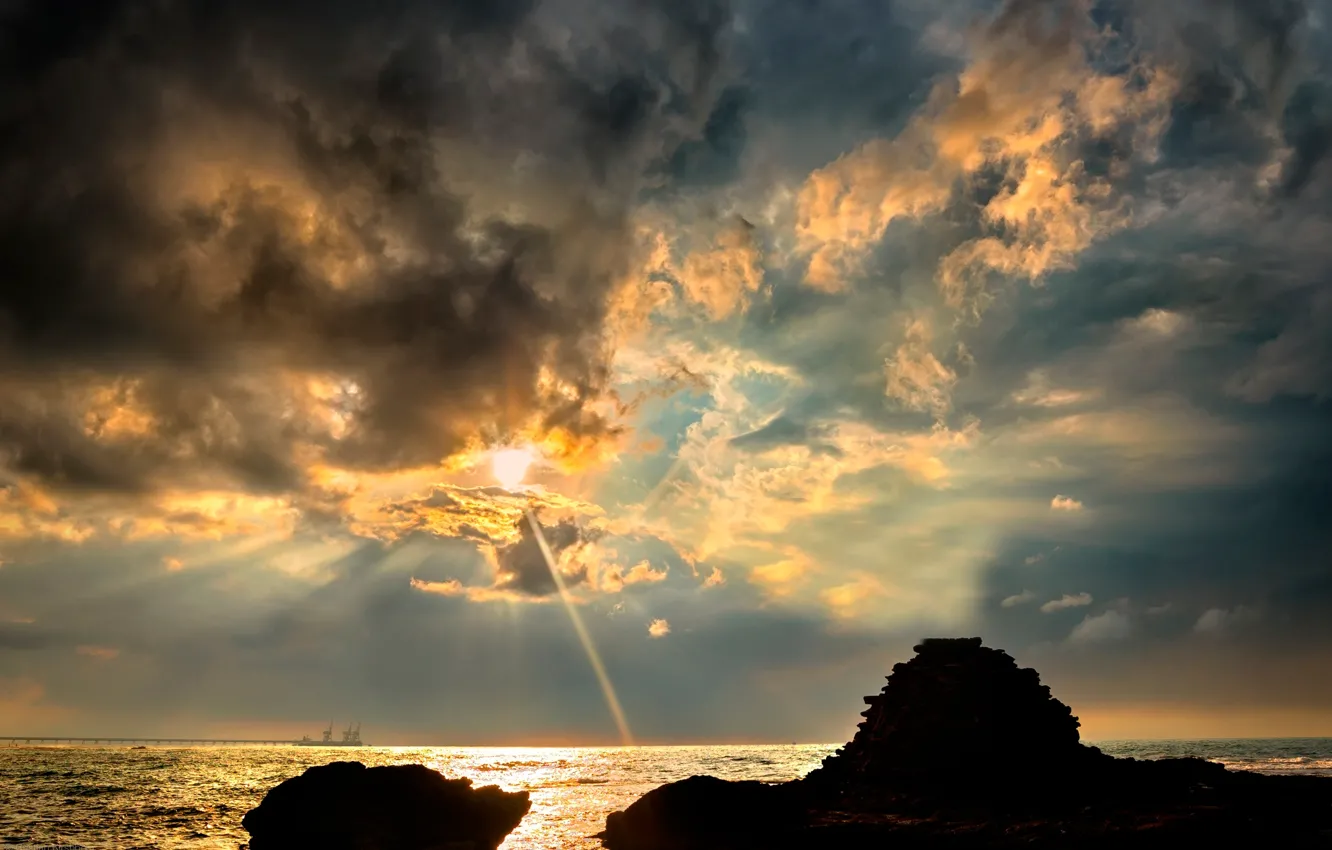 Photo wallpaper sea, wave, the sky, clouds, ship