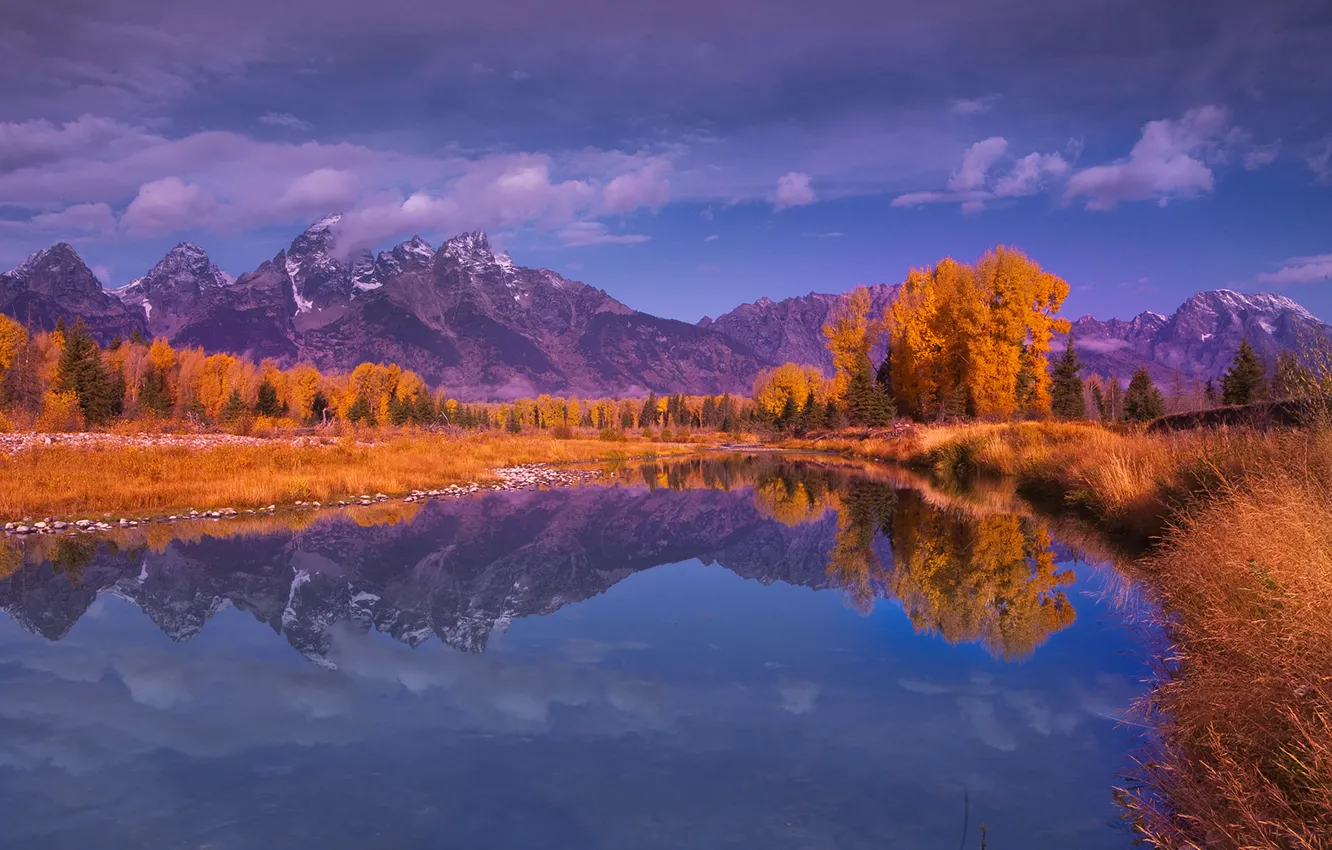 Photo wallpaper autumn, forest, the sky, trees, mountains, lake, reflection