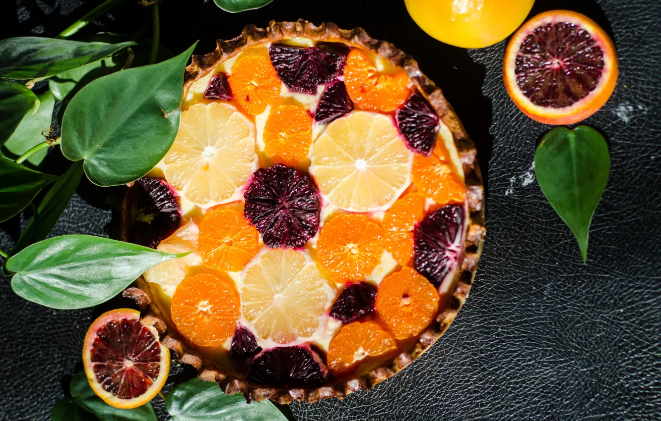 Photo wallpaper background, pie, leaves, citrus, grapefruit