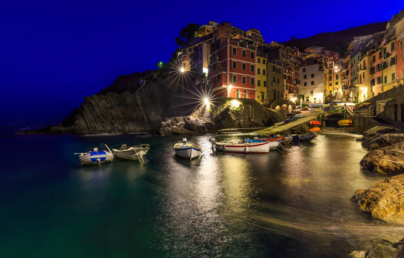Photo wallpaper sea, night, lights, home, Bay, Italy, Riomaggiore, Cinque Terre