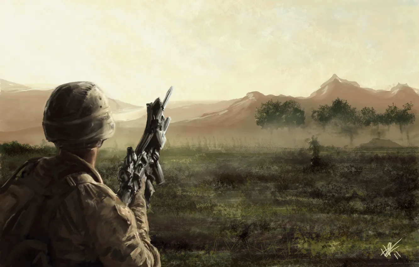Photo wallpaper field, mountains, weapons, art, machine, Soldiers