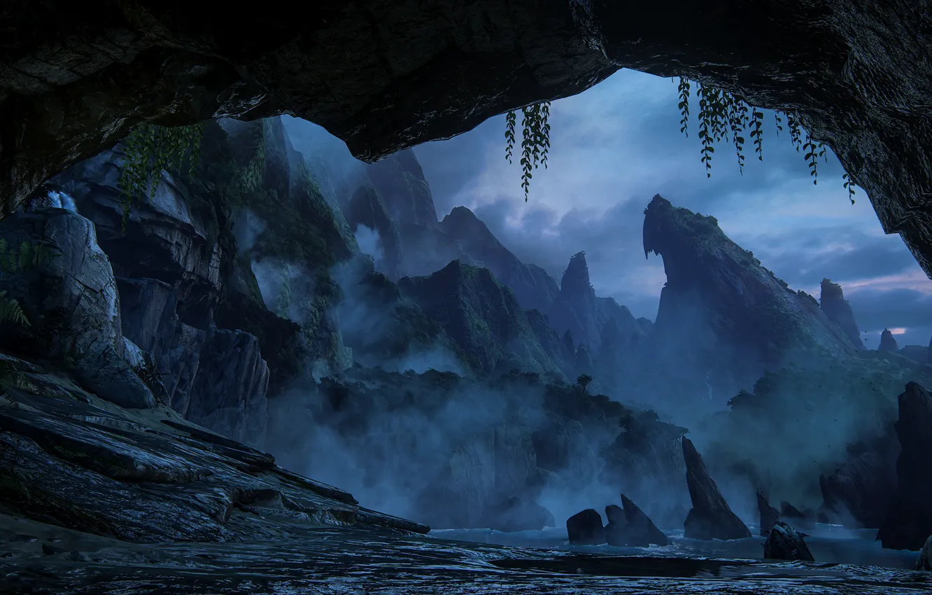 Photo wallpaper nature, rocks, pair, Bay, twilight, early in the morning, Uncharted: The Lost Legacy