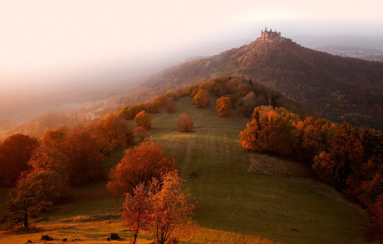 Photo wallpaper autumn, light, fog, castle, hills, morning, Germany, haze