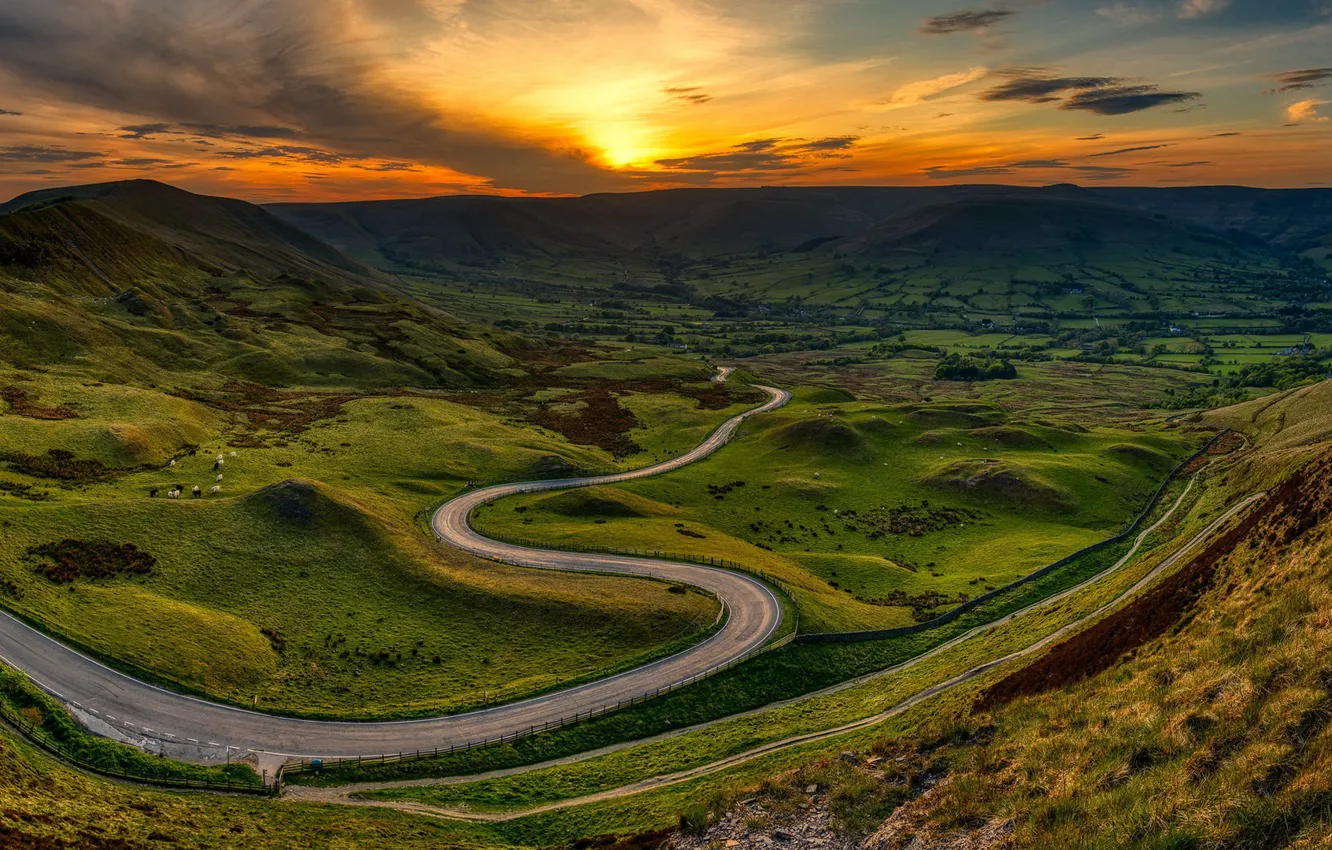 Photo wallpaper road, sunset, mountains