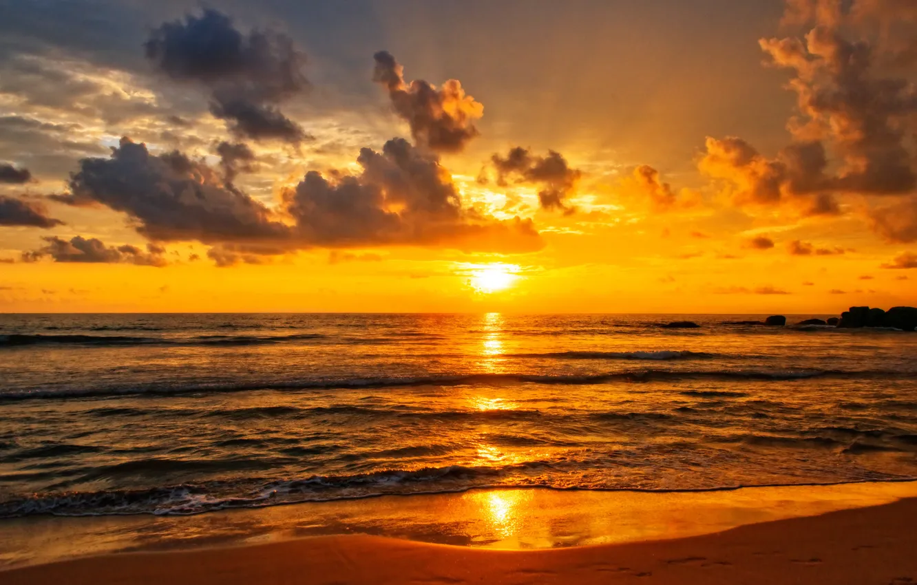 Photo wallpaper beach, clouds, sunset, reflection, wave, mirror, orange sky