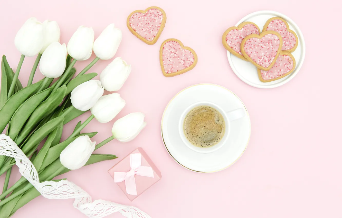 Photo wallpaper flowers, background, heart, coffee, Breakfast, tulips, gingerbread