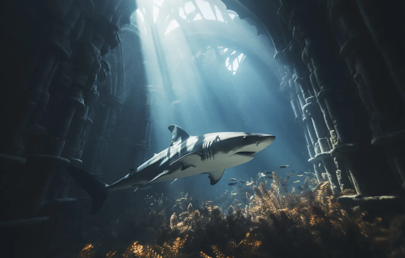 Photo wallpaper building, predator, shark, underwater world, digital art, AI art, The Art of Artificial Intelligence, neural …